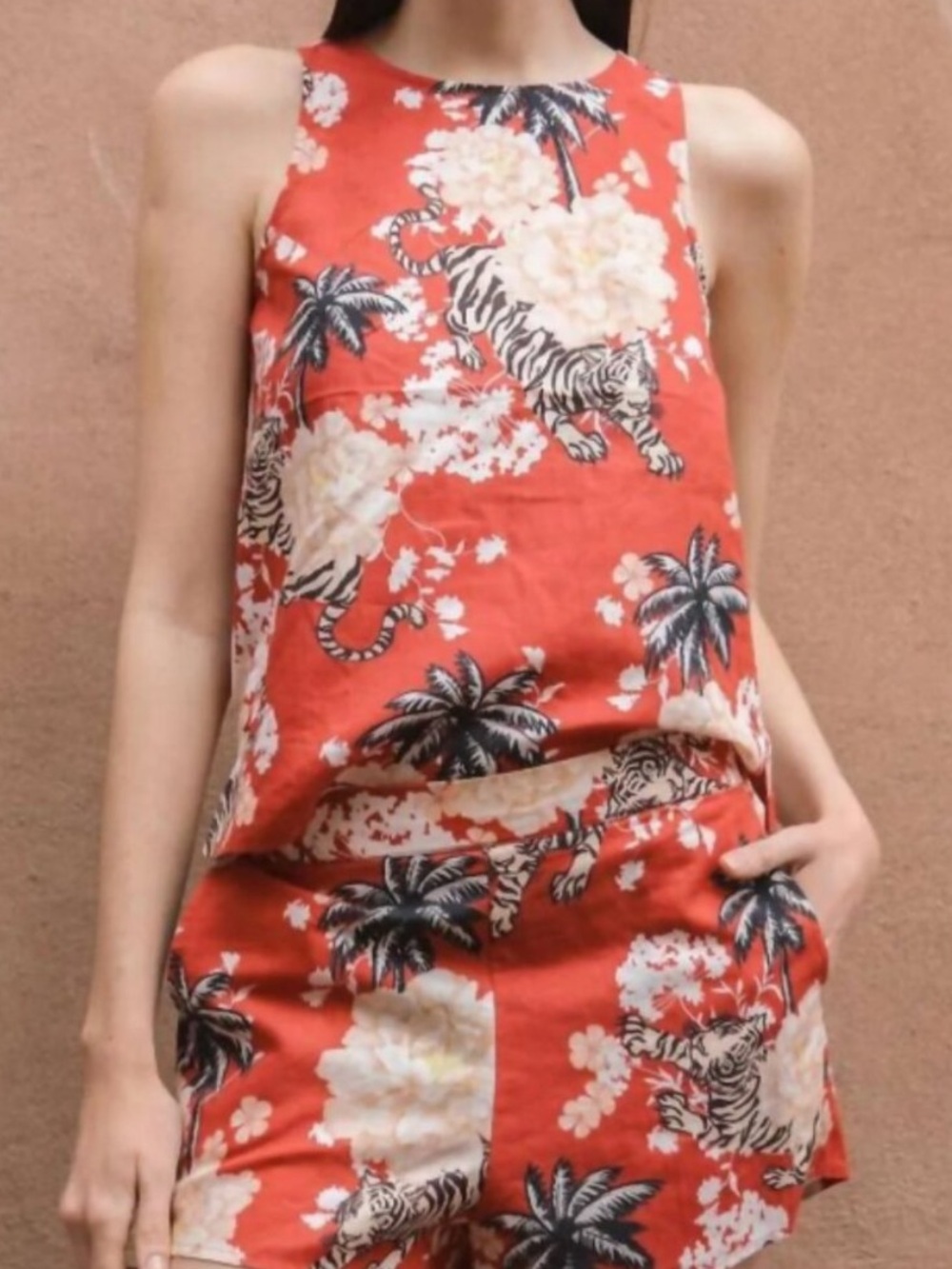 Las Sureñas Linen Blend Tiger Tank Top, Brick Red, Medium
